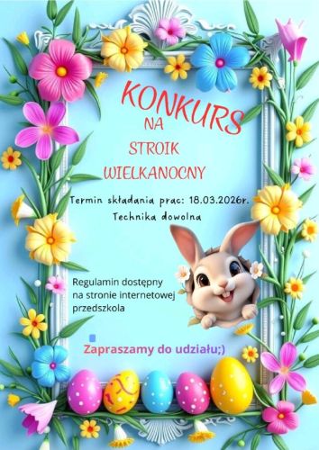Konkurs wielkanocny Konkurs na stroik wielkanocny ogłaszają : Publiczne Przedszkole &bdquo;Krasnoludki&rdquo; bardzo serdecznie zaprasza Dzieci i Rodzic&oacute;w do udziału w wewnątrzprzedszkolnym konkursie plastyczno &ndash; technicznym na stroik wielkanocny. ORGANIZATOR KONKURSU Publiczne Przedszkole &bdquo;Krasnoludki&rdquo; w Jędrzychowicach PRZEDMIOT KONKURSU Przedmiotem konkursu jest wykonanie stroika wielkanocnego CELE KONKURSU &ndash; pobudzenie aktywności tw&oacute;rczej dzieci, &ndash; rozwijanie i kształtowanie wyobraźni plastycznej dzieci, &ndash; rozwijanie wrażliwości estetycznej, &ndash; stworzenie dzieciom możliwości prezentacji własnych dokonań tw&oacute;rczych, &ndash; kultywowanie tradycji wykonywania stroik&oacute;w wielkanocnych, &ndash; umożliwienie dzieciom przedstawienia własnej wizji, nastroju oraz tradycji Świąt &nbsp; Wielkanocnych, &ndash; zachęcanie rodzic&oacute;w do aktywnego udziału w życiu przedszkola. UCZESTNICY Konkurs adresowany jest do dzieci i rodzic&oacute;w Publicznego Przedszkola &bdquo;Krasnoludki&rdquo; w Jędrzychowicach WARUNKI UDZIAŁU W KONKURSIE &nbsp;&ndash; Możliwość zastosowania dowolnych technik. &nbsp;&ndash; Stroiki muszą być wykonane przez jedną rodzinę. &nbsp;&ndash; Stroik powinien zawierać metryczkę z następującymi informacjami: Imię i nazwisko dziecka i rodzica oraz nazwa grupy do jakiej uczęszcza dziecko. &nbsp;&ndash; Dostarczenie stroika do Publicznego Przedszkola &bdquo;Krasnoludki&rdquo; w Jędrzychowicach w nieprzekraczalnym terminie do&nbsp;18.03. 2026r. OCENA PRAC 1. Zgłoszone prace zostaną poddane selekcji przez Komisję Konkursową powołaną przez Dyrektora Publicznego Przedszkola &bdquo;Krasnoludki&rdquo; w Jędrzychowicach 2. Oceny prac dokona Komisja Konkursowa a wyniki zostaną ogłoszone na stronie przedszkola. 3.&nbsp;Prace zostaną ocenione pod względem: &nbsp;&ndash; zgodności z tematem, &nbsp;&ndash; walor&oacute;w estetycznych, &nbsp;&ndash; wkładu tw&oacute;rczego, &nbsp;&ndash; &nbsp;pomysłowości i oryginalności, &nbsp;&ndash; estetyki wykonania, &nbsp;&ndash; &nbsp;wykorzystania materiał&oacute;w naturalnych. POSTANOWIENIA KOŃCOWE &bull; Zgłoszenie stroik&oacute;w do konkursu jest r&oacute;wnoznaczne z przekazaniem praw autorskich do nich na rzecz Organizatora, o kt&oacute;rych mowa w art. 50 ustawy z dnia 4 lutego 1994r. o prawach autorskich i prawach pokrewnych (Dz. U. z 1994r., Nr 24, poz. 83) oraz do publikacji w wydawnictwach wszelkiego typu, wydawanych przez Organizatora oraz w Internecie. &bull; Organizator zastrzega sobie prawo zatrzymania nagrodzonych prac. &bull; Uczestnik konkursu oświadcza, że wyraża zgodę na wykorzystanie swoich danych osobowych przez Organizatora w celu wyłonienia zwycięzcy i przyznania nagrody; umieszczenia danych w materiałach publikowanych przez Organizatora i na stronie internetowej konkursu. &bull; Uczestnik konkursu ma prawo wglądu do swoich danych osobowych oraz ich weryfikacji. &bull; Wszystkie informacje dotyczące spraw nie wyszczeg&oacute;lnionych w regulaminie otrzymacie Państwo u nauczycieli grup. SERDECZNIE ZAPRASZAMY!!!