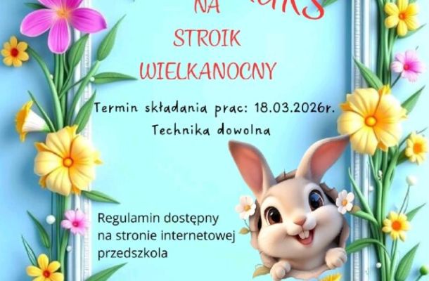 Konkurs wielkanocny Konkurs na stroik wielkanocny ogłaszają : Publiczne Przedszkole &bdquo;Krasnoludki&rdquo; bardzo serdecznie zaprasza Dzieci i Rodzic&oacute;w do udziału w wewnątrzprzedszkolnym konkursie plastyczno &ndash; technicznym na stroik wielkanocny. ORGANIZATOR KONKURSU Publiczne Przedszkole &bdquo;Krasnoludki&rdquo; w Jędrzychowicach PRZEDMIOT KONKURSU Przedmiotem konkursu jest wykonanie stroika wielkanocnego CELE KONKURSU &ndash; pobudzenie aktywności tw&oacute;rczej dzieci, &ndash; rozwijanie i kształtowanie wyobraźni plastycznej dzieci, &ndash; rozwijanie wrażliwości estetycznej, &ndash; stworzenie dzieciom możliwości prezentacji własnych dokonań tw&oacute;rczych, &ndash; kultywowanie tradycji wykonywania stroik&oacute;w wielkanocnych, &ndash; umożliwienie dzieciom przedstawienia własnej wizji, nastroju oraz tradycji Świąt &nbsp; Wielkanocnych, &ndash; zachęcanie rodzic&oacute;w do aktywnego udziału w życiu przedszkola. UCZESTNICY Konkurs adresowany jest do dzieci i rodzic&oacute;w Publicznego Przedszkola &bdquo;Krasnoludki&rdquo; w Jędrzychowicach WARUNKI UDZIAŁU W KONKURSIE &nbsp;&ndash; Możliwość zastosowania dowolnych technik. &nbsp;&ndash; Stroiki muszą być wykonane przez jedną rodzinę. &nbsp;&ndash; Stroik powinien zawierać metryczkę z następującymi informacjami: Imię i nazwisko dziecka i rodzica oraz nazwa grupy do jakiej uczęszcza dziecko. &nbsp;&ndash; Dostarczenie stroika do Publicznego Przedszkola &bdquo;Krasnoludki&rdquo; w Jędrzychowicach w nieprzekraczalnym terminie do&nbsp;18.03. 2026r. OCENA PRAC 1. Zgłoszone prace zostaną poddane selekcji przez Komisję Konkursową powołaną przez Dyrektora Publicznego Przedszkola &bdquo;Krasnoludki&rdquo; w Jędrzychowicach 2. Oceny prac dokona Komisja Konkursowa a wyniki zostaną ogłoszone na stronie przedszkola. 3.&nbsp;Prace zostaną ocenione pod względem: &nbsp;&ndash; zgodności z tematem, &nbsp;&ndash; walor&oacute;w estetycznych, &nbsp;&ndash; wkładu tw&oacute;rczego, &nbsp;&ndash; &nbsp;pomysłowości i oryginalności, &nbsp;&ndash; estetyki wykonania, &nbsp;&ndash; &nbsp;wykorzystania materiał&oacute;w naturalnych. POSTANOWIENIA KOŃCOWE &bull; Zgłoszenie stroik&oacute;w do konkursu jest r&oacute;wnoznaczne z przekazaniem praw autorskich do nich na rzecz Organizatora, o kt&oacute;rych mowa w art. 50 ustawy z dnia 4 lutego 1994r. o prawach autorskich i prawach pokrewnych (Dz. U. z 1994r., Nr 24, poz. 83) oraz do publikacji w wydawnictwach wszelkiego typu, wydawanych przez Organizatora oraz w Internecie. &bull; Organizator zastrzega sobie prawo zatrzymania nagrodzonych prac. &bull; Uczestnik konkursu oświadcza, że wyraża zgodę na wykorzystanie swoich danych osobowych przez Organizatora w celu wyłonienia zwycięzcy i przyznania nagrody; umieszczenia danych w materiałach publikowanych przez Organizatora i na stronie internetowej konkursu. &bull; Uczestnik konkursu ma prawo wglądu do swoich danych osobowych oraz ich weryfikacji. &bull; Wszystkie informacje dotyczące spraw nie wyszczeg&oacute;lnionych w regulaminie otrzymacie Państwo u nauczycieli grup. SERDECZNIE ZAPRASZAMY!!!