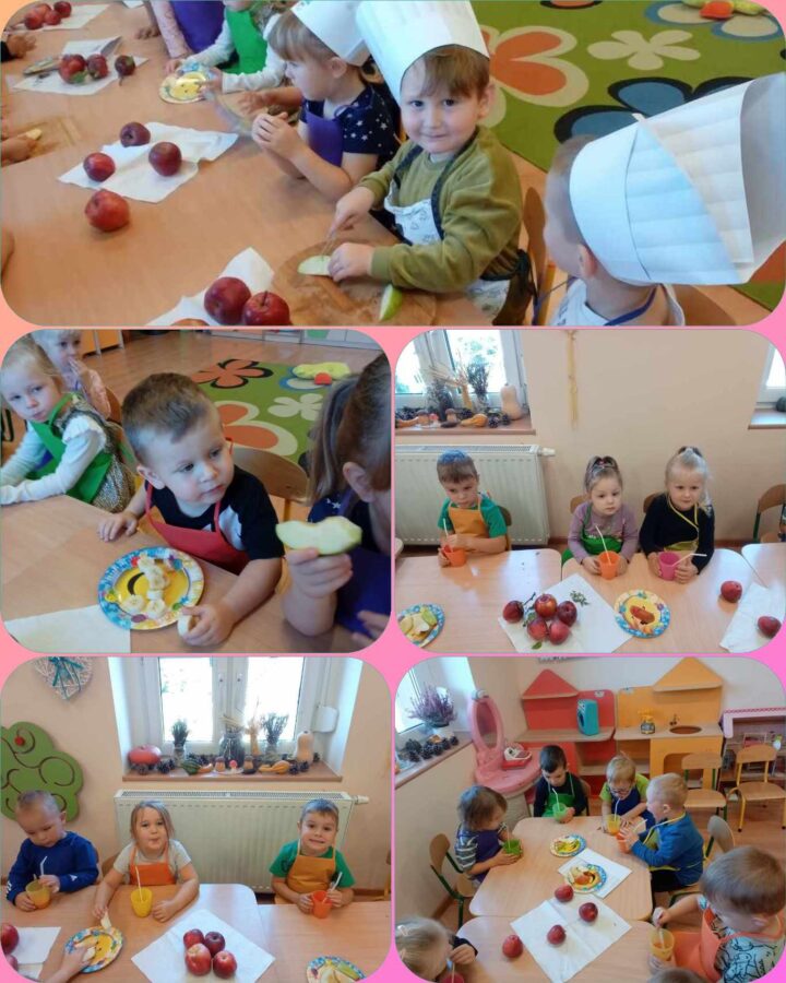 Dzieci siedzące przy stolikach, piją sok z jabłek i jedzą jabłka.